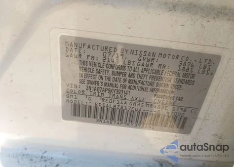 2019 Nissan Sentra S z USA, uszkodzony, nr VIN 3N1AB7AP9KY393141